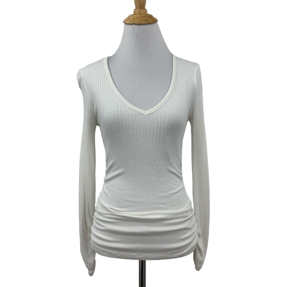 Good American Top Women 0 White Ribbed Fitted V Neck Shirred Long Sleeve Shirt